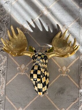 Checkerboard Moose Wall Sculpture with Gold Antlers